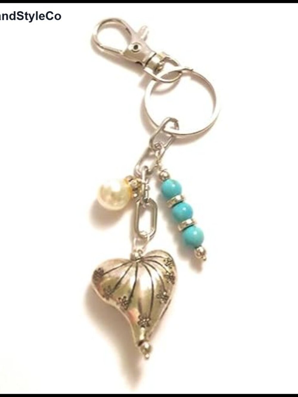 Silver Plated Heart Keychain Charm with Turquoise & Pearl, Handmade in USA